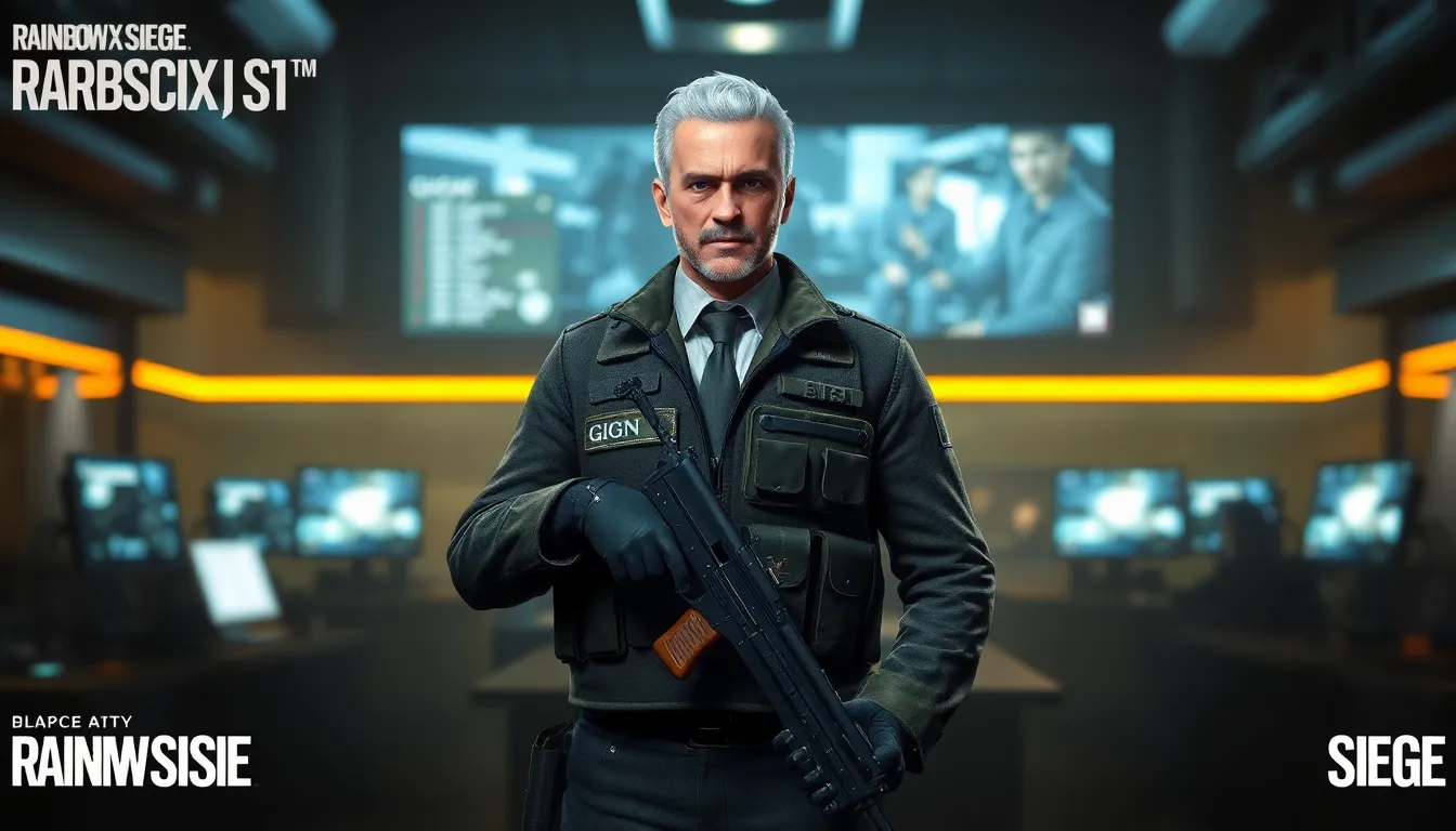 Doc from Rainbow Six Siege holding a Stim Pistol in a tactical environment.