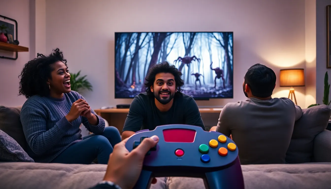 gamers experiencing a horror game on a Nintendo 64 console.