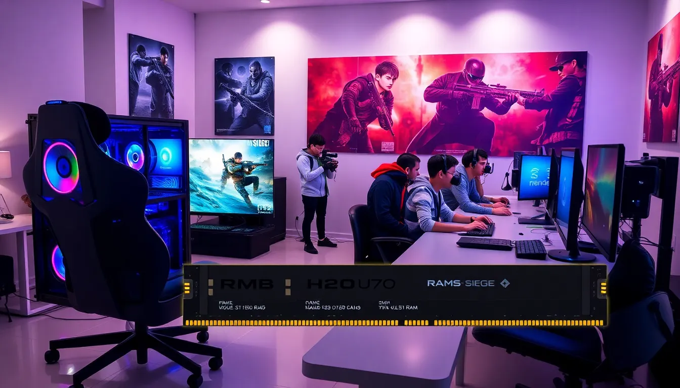 diverse gamers engaged in Rainbow Six Siege at a modern gaming setup.