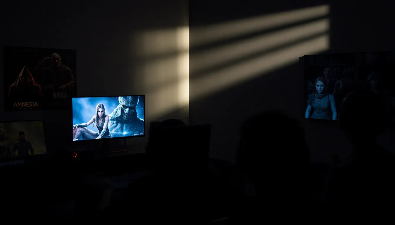 gamers engaging with horror game characters in a modern setup.