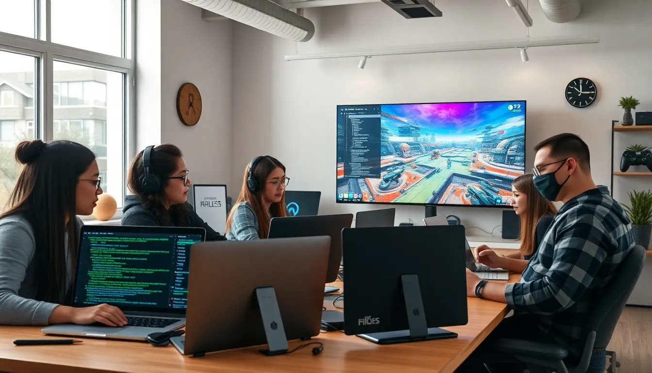 diverse game developers collaborating on JavaObjects in a modern office.