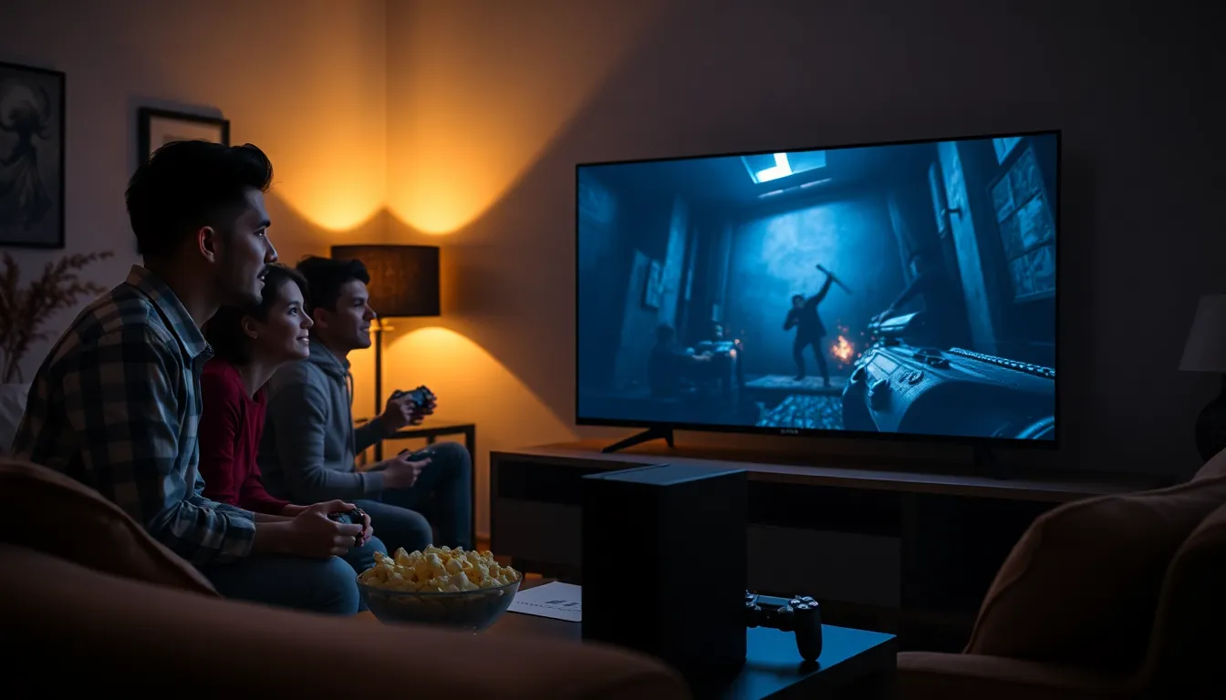 gamers engaged in a horror game in a dimly lit room.
