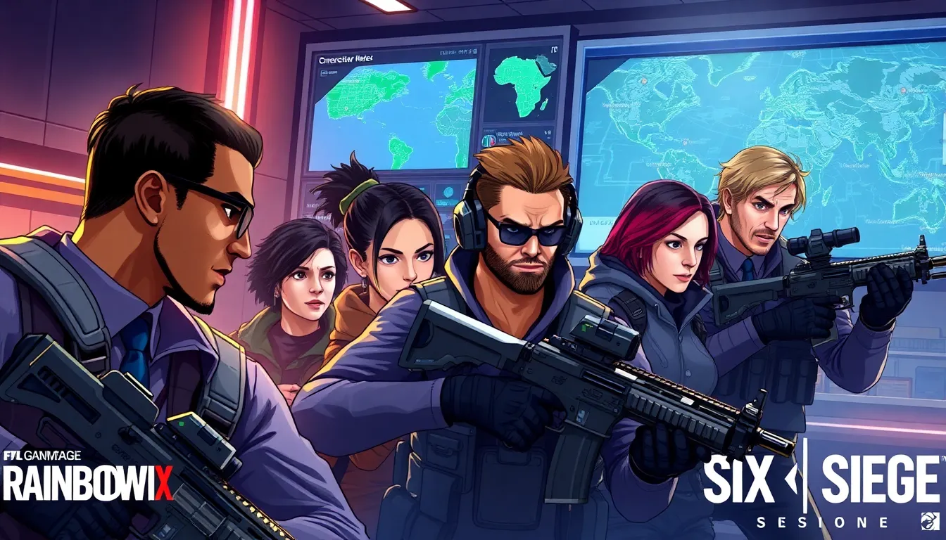 tactical scene from Rainbow Six Siege with diverse operators in action.