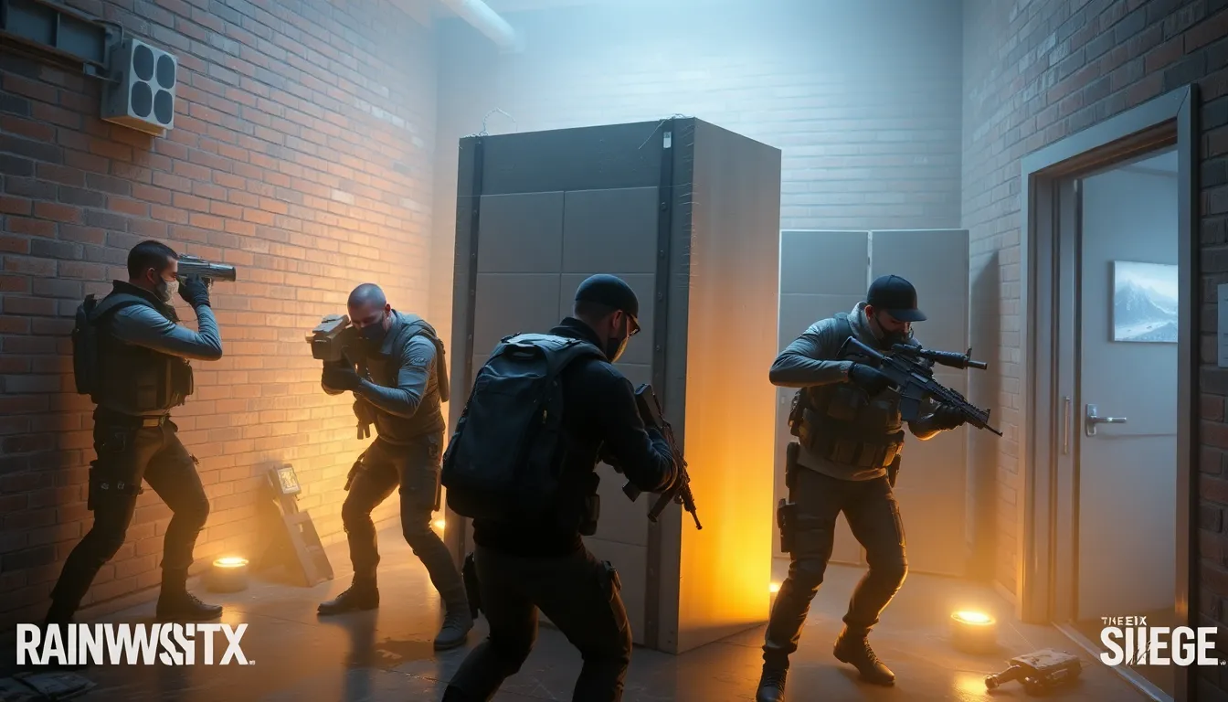 diverse team of Rainbow Six Siege defenders in tactical gear.