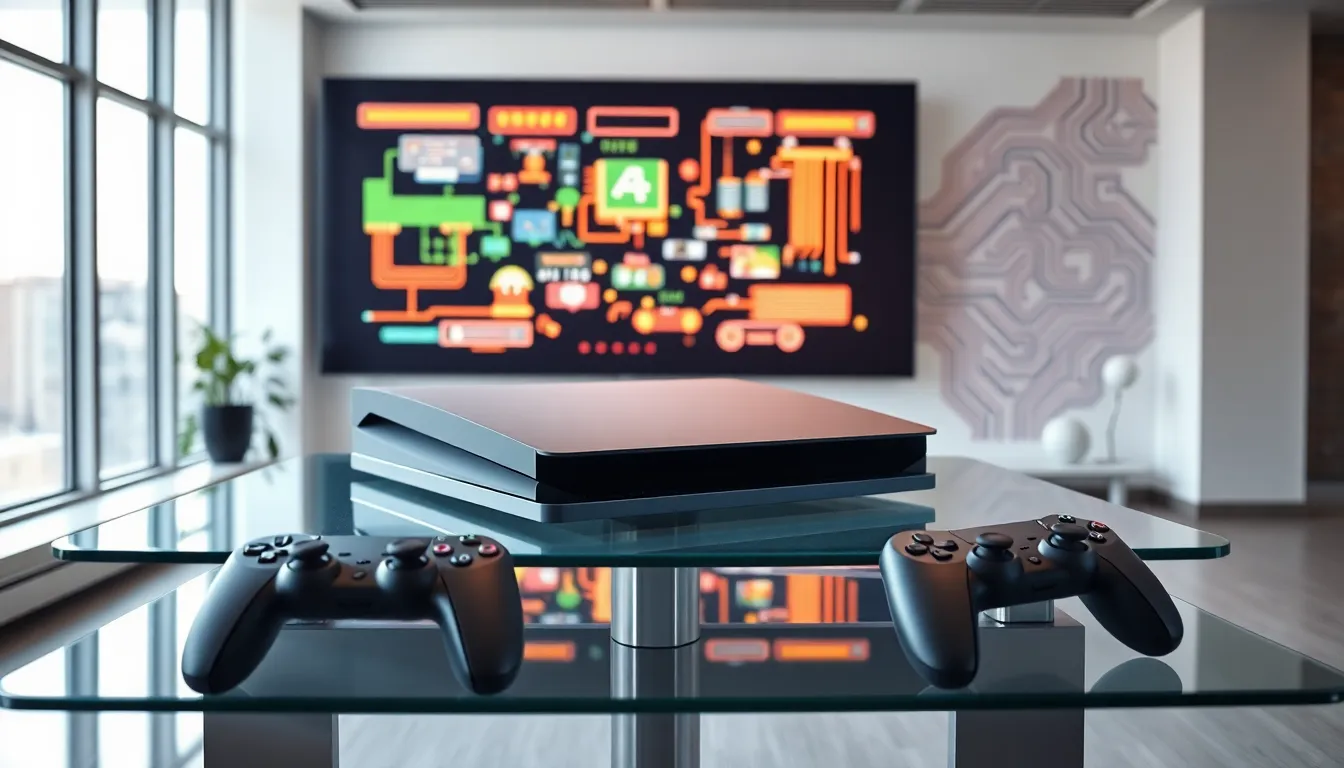 modern gaming console with controllers and nostalgic video game display.