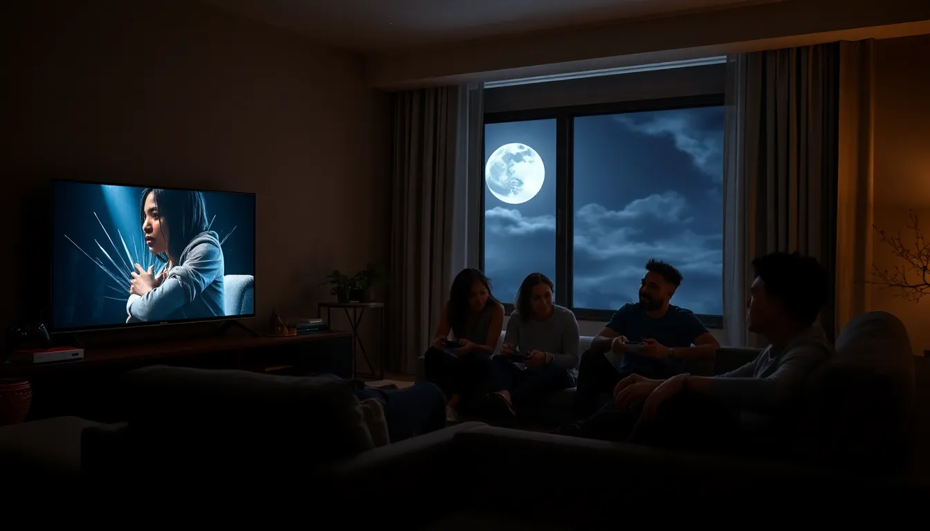 diverse gamers enjoying a horror game in a cozy, dimly lit living room.