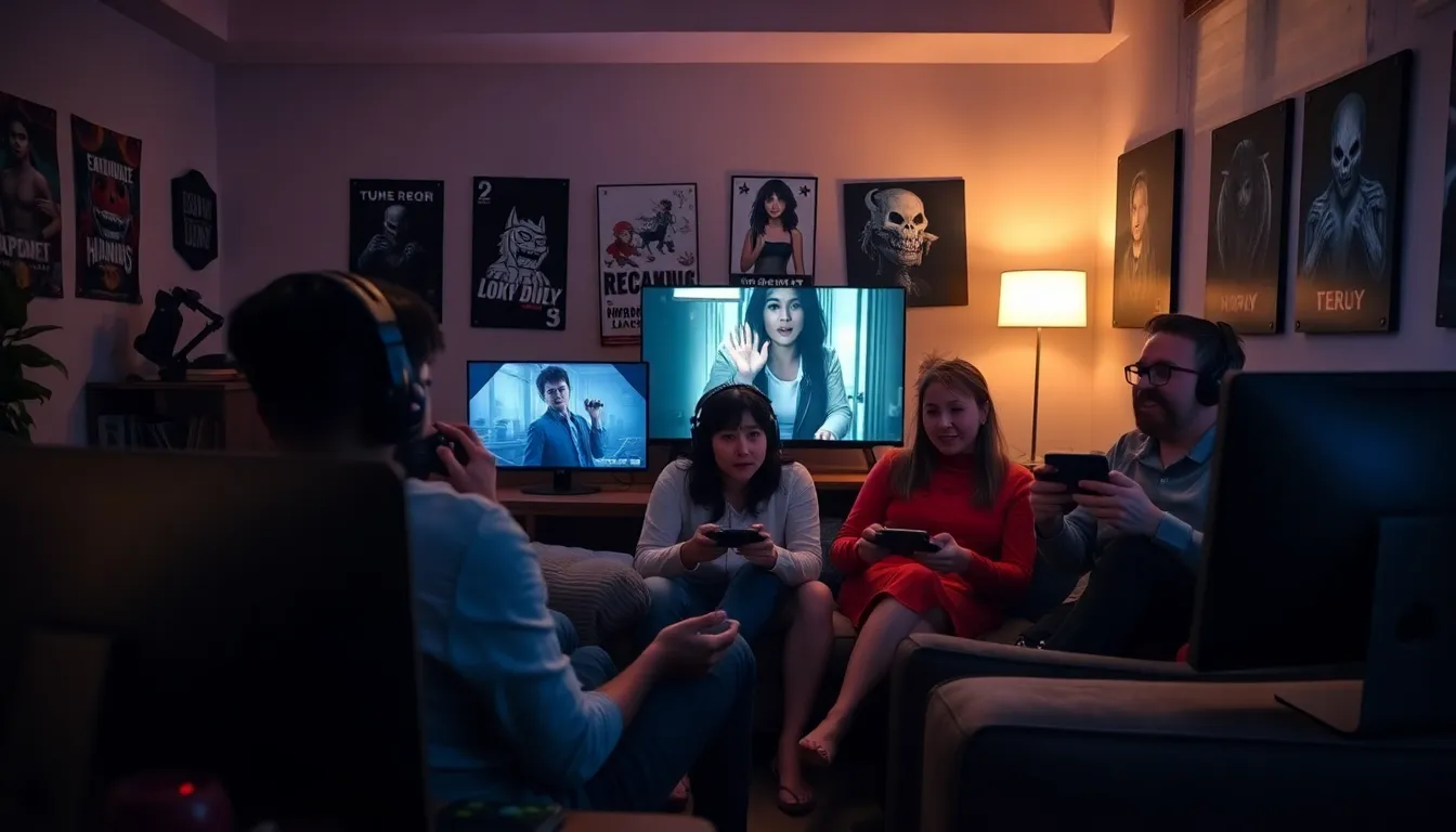 diverse group of gamers playing horror games in a modern living room.