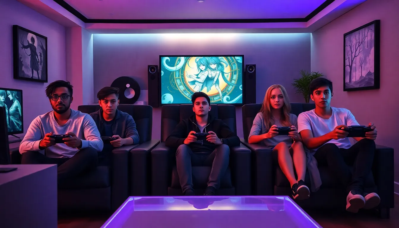 gamers enjoying anime horror games in a modern lounge setting.