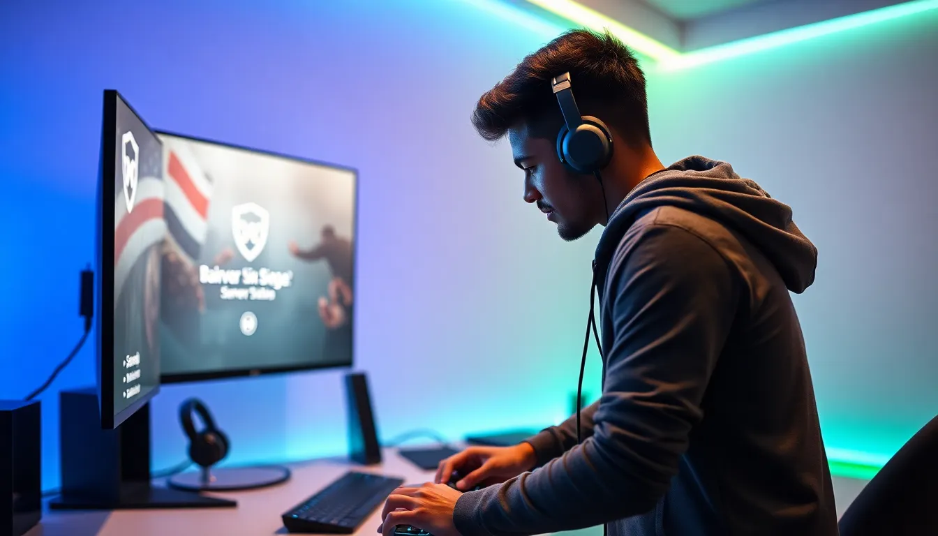 Gamer checking server status on a modern gaming setup.