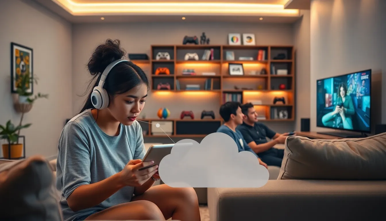 diverse gamers using a cloud gaming console in a modern living room.