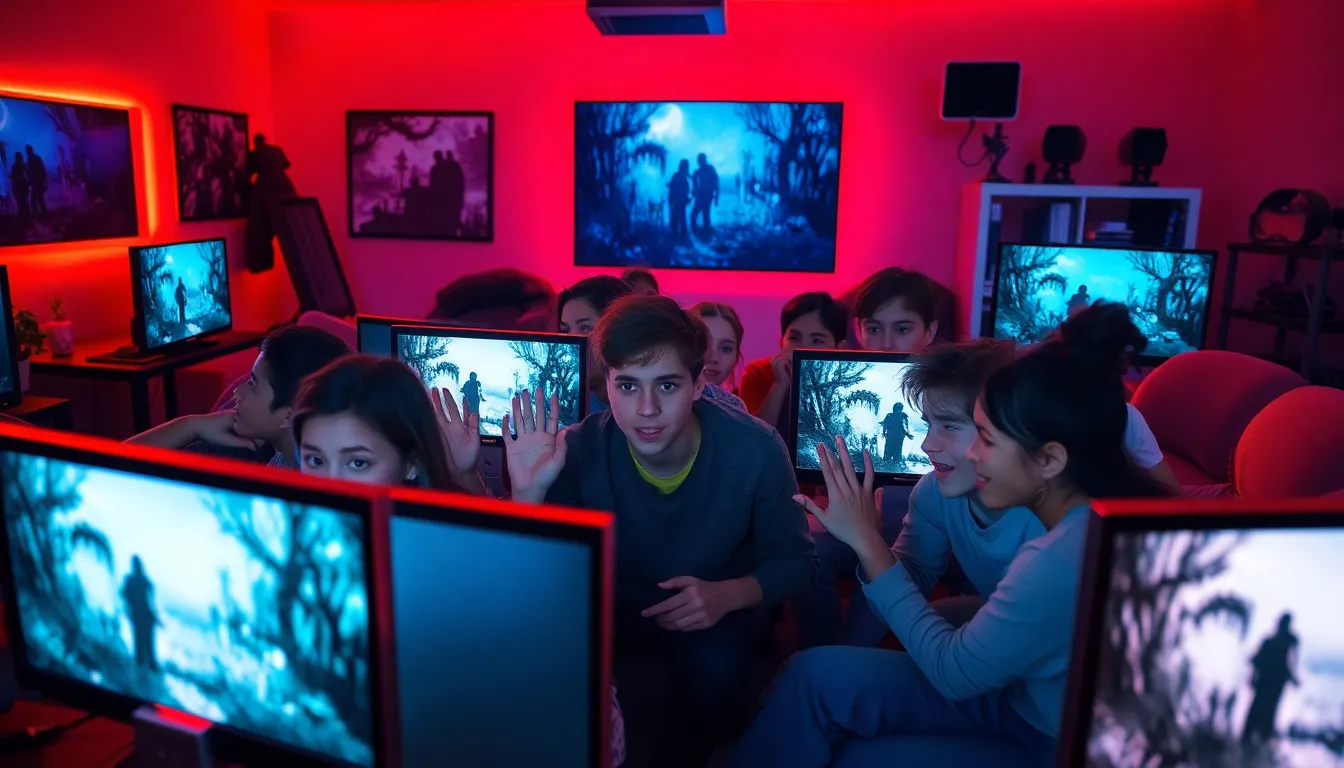 diverse gamers enjoying a multiplayer horror game in a modern gaming room.